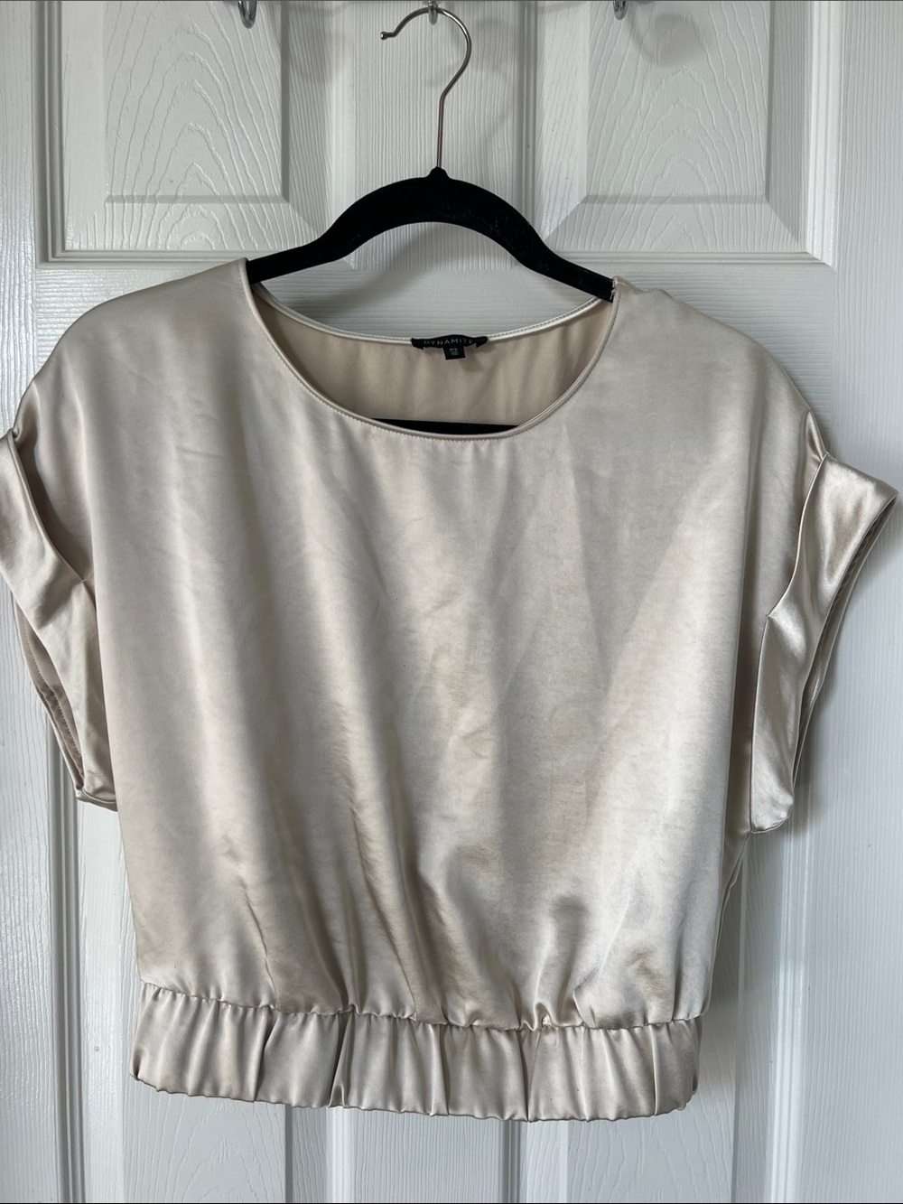 Dynamite Satin Short Sleeve Elastic Hem Top, Size S/P